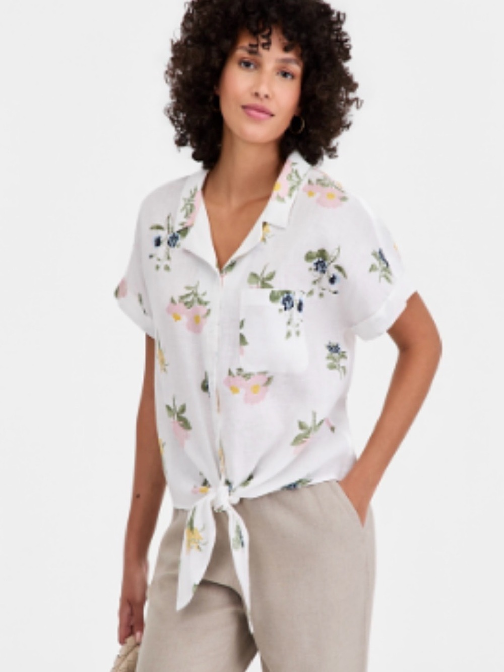 Charter Club White Floral Tie-Front Button Down Shirt